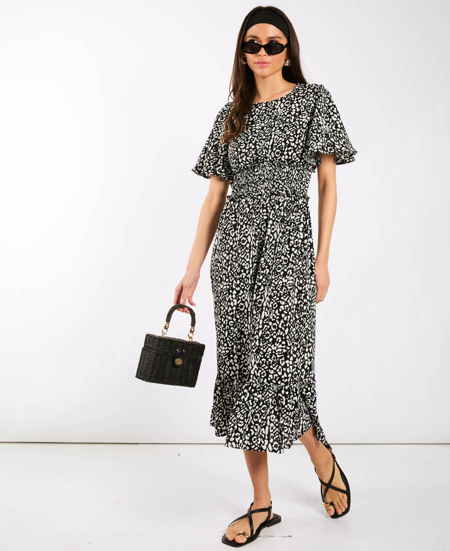 Animal Smock Waisted Midi Dress