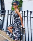 Black Animal One Shoulder Midi Dress