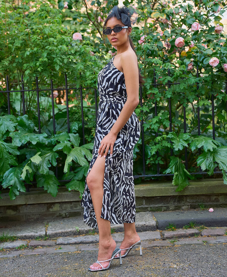 Black Animal One Shoulder Midi Dress