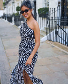 Black Animal One Shoulder Midi Dress