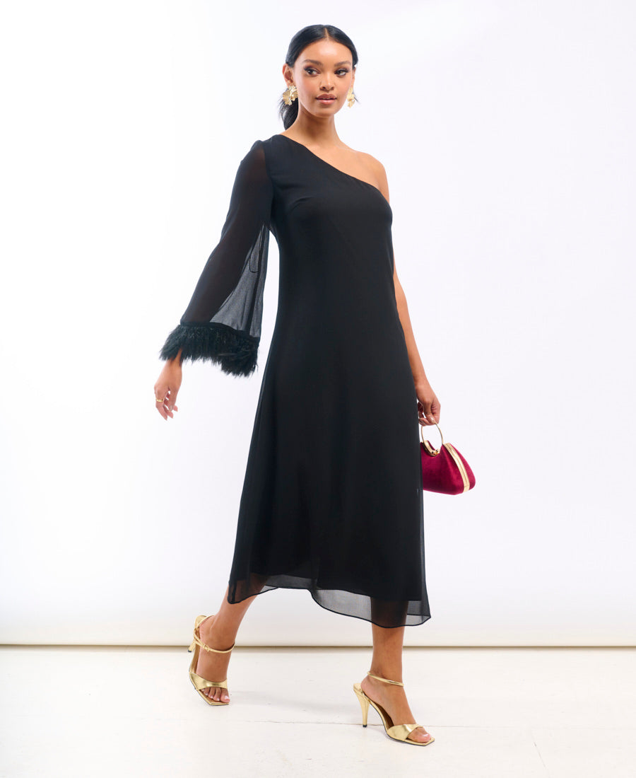 Black Asymmetric Feather Cuff Dress Maxi