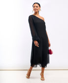 Black Asymmetric Feather Cuff Maxi Dress 