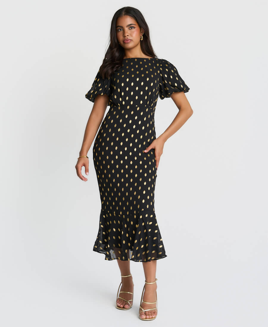 Black Foil Puff Sleeve Midi Dress