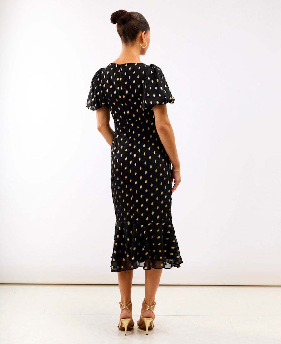 Black Chiffon Foil Puff Sleeve Midi Dress