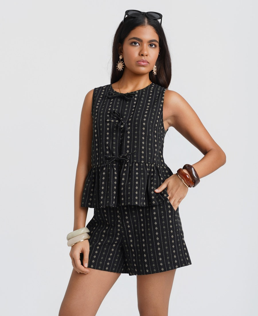 Black Floral Tie Front Peplum Top