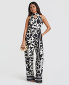 Black Floral Satin Halterneck Jumpsuit