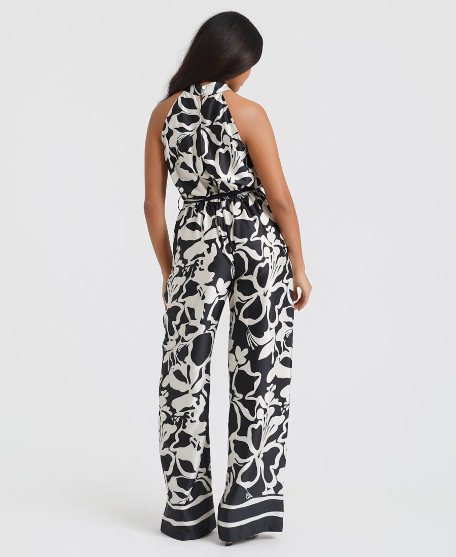 Black Floral Satin Halterneck Jumpsuit back