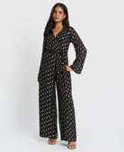 Black foil chiffon wrap jumpsuit with wide legs - front