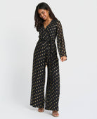 Black foil wrap jumpsuit with tie belt