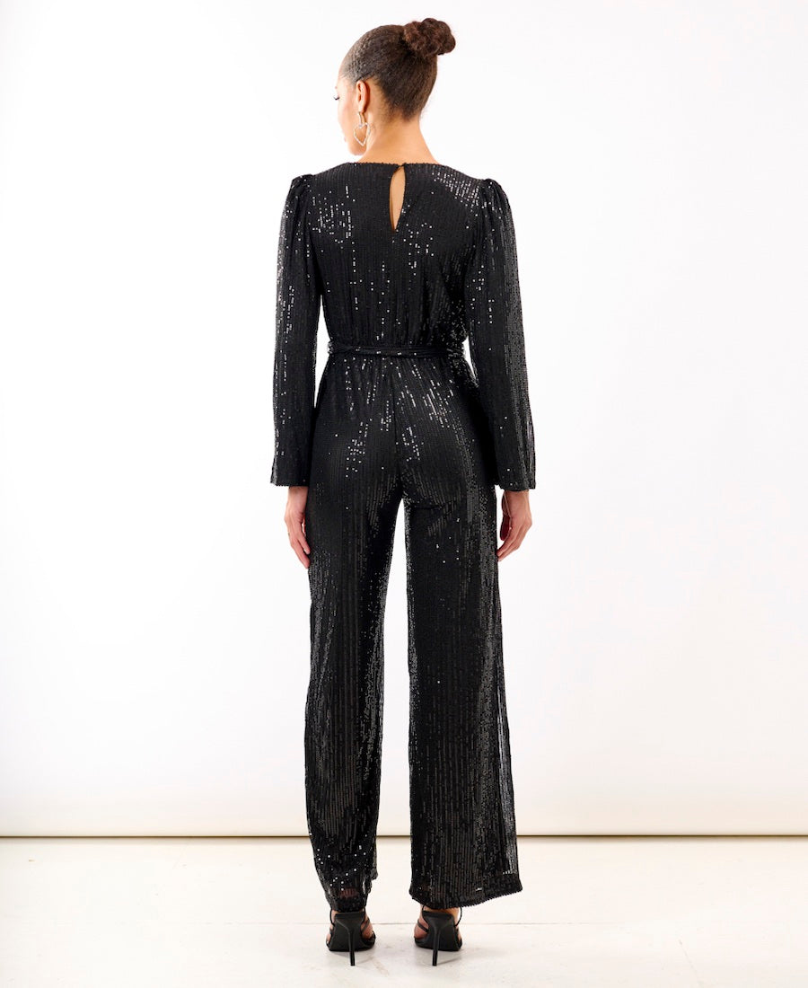 Black Sequin Jersey Jumpsuit back