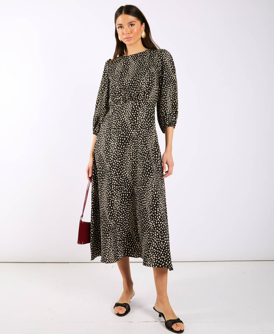 Black Spotty 3/4 Sleeve Midi Dress