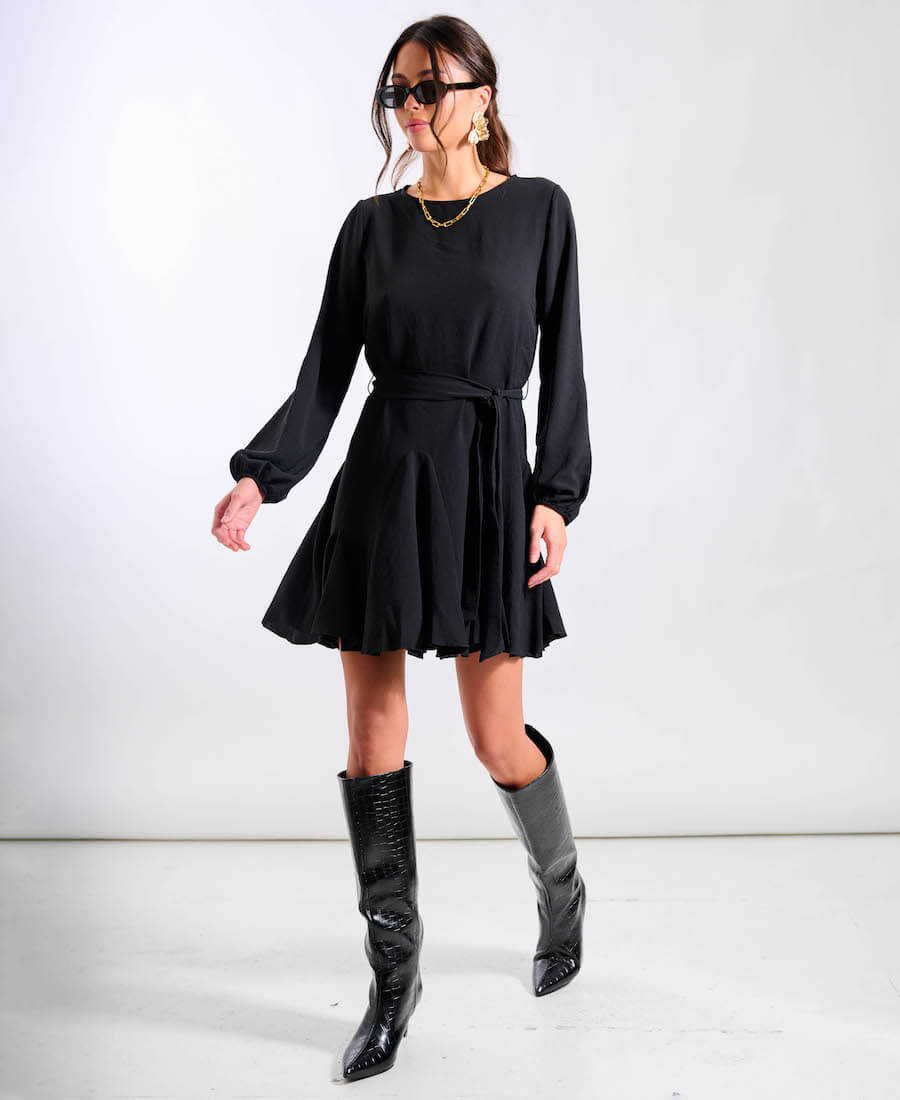 Crepe Belted Fit Flare Dress