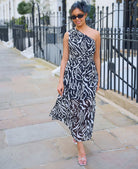 Black Animal One Shoulder Midi Dress
