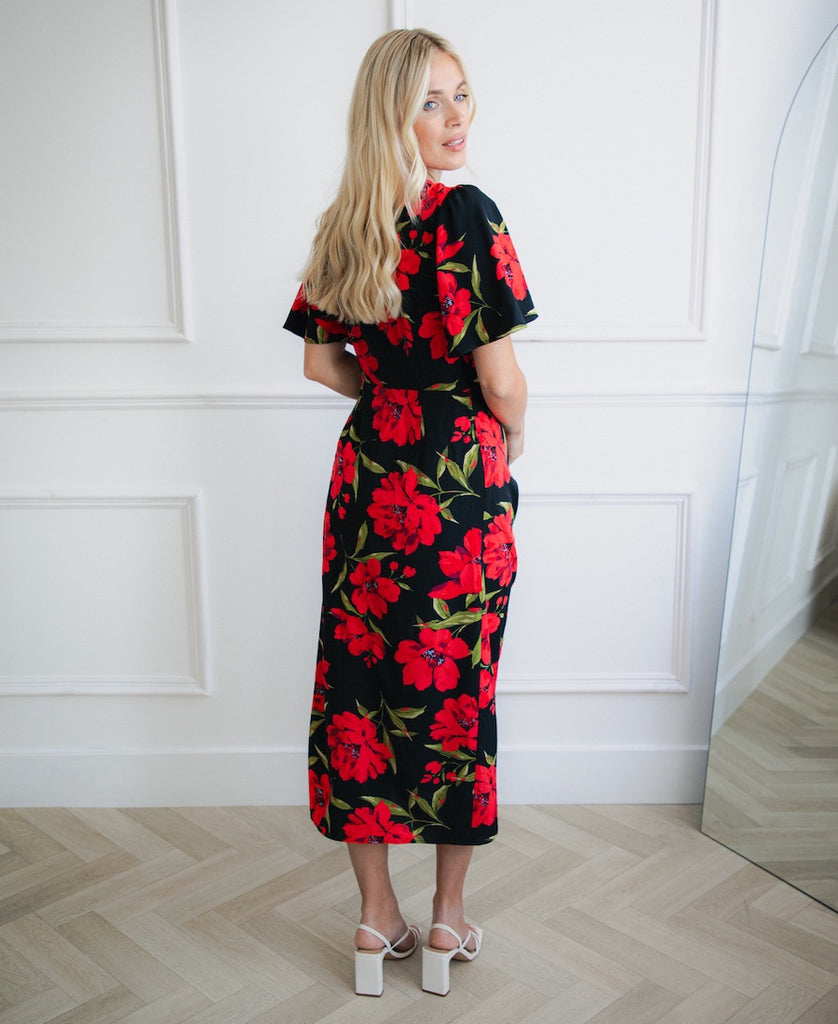 Black and Red Floral Midi Dress with split