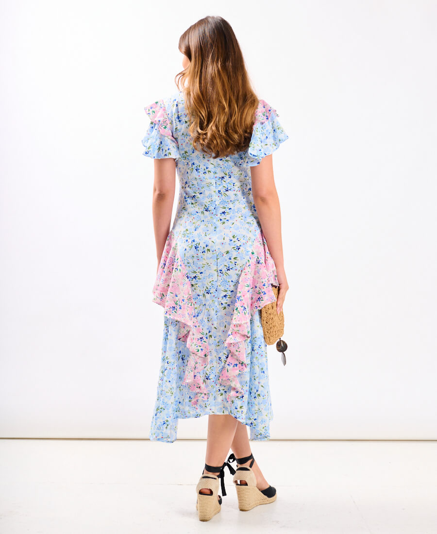 Blue Ditsy Floral Ruffle Mix and Match Midi Dress
