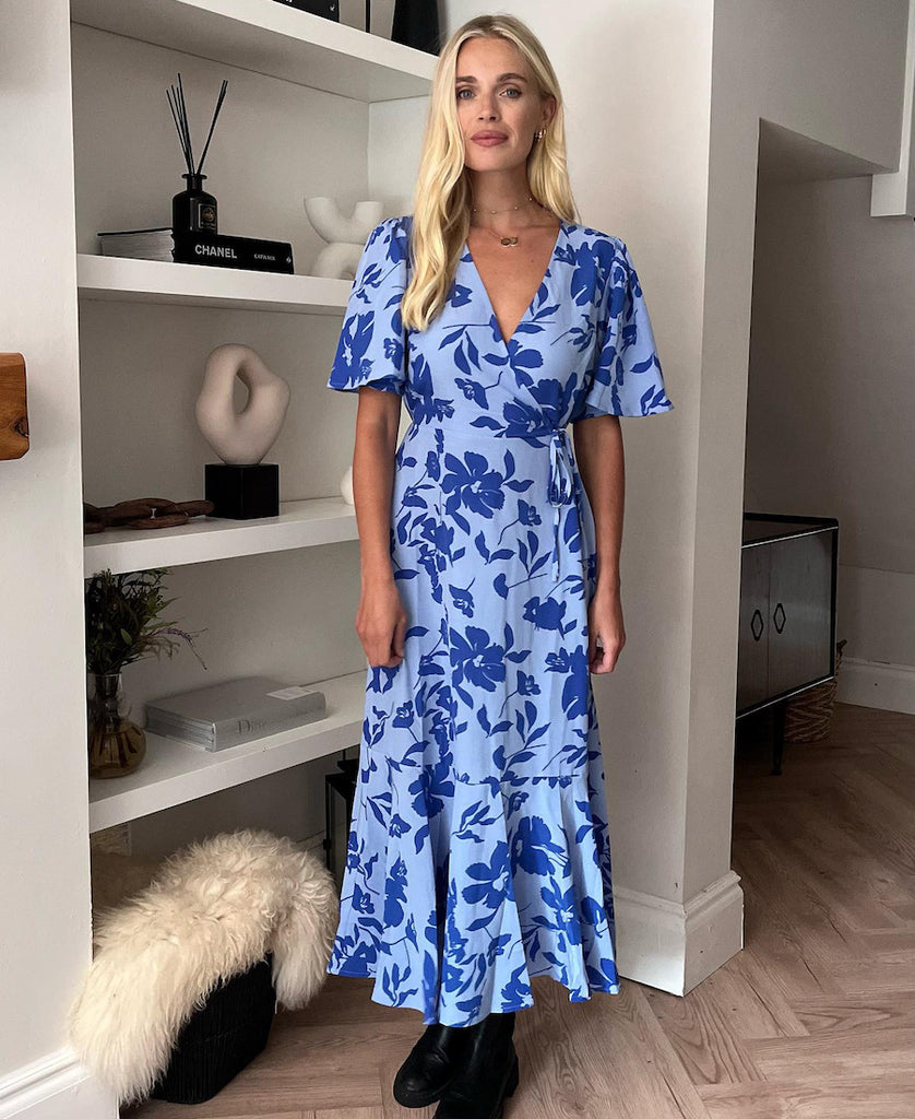 Blue Floral Maxi Dress with Sleeves v neck