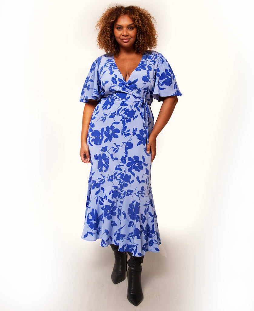 Blue Floral Maxi Dress with v neck
