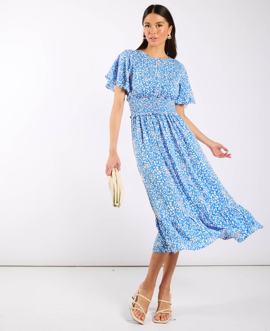 Blue Animal Smock Waisted Midi Dress