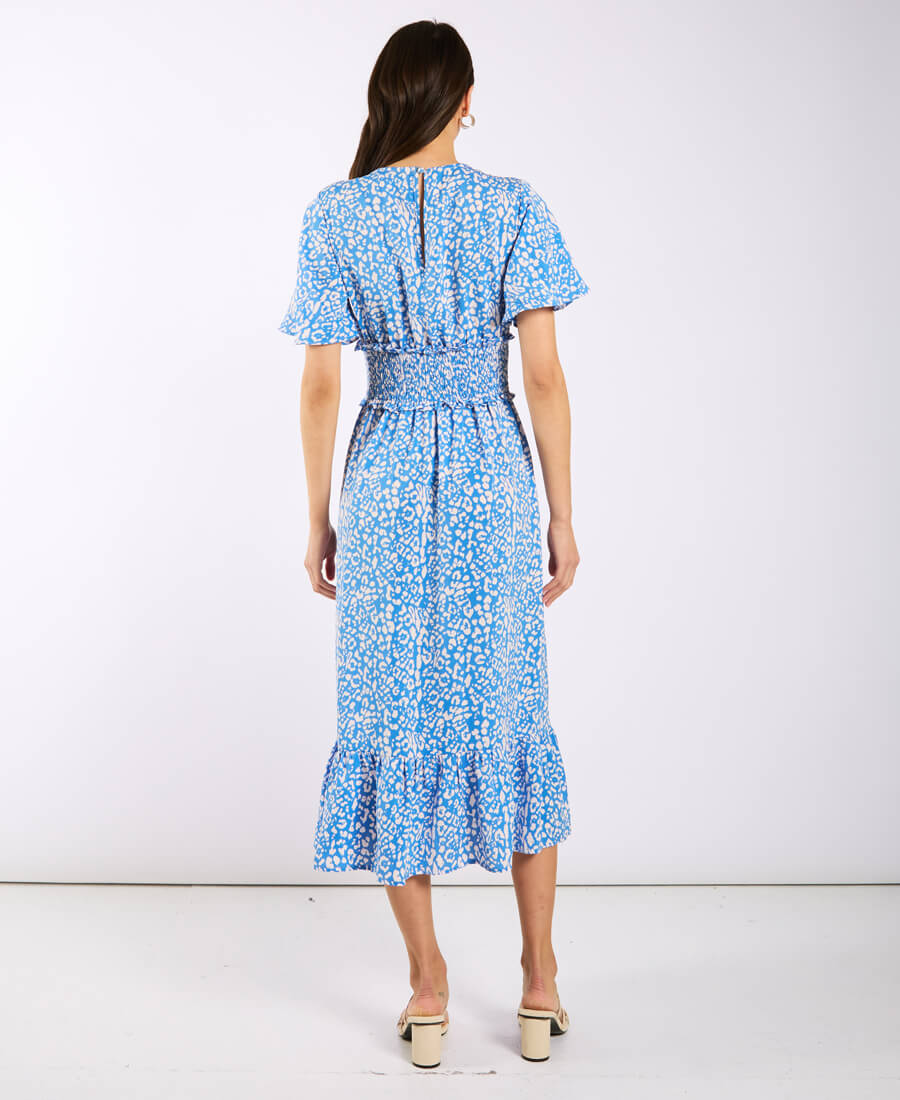 Blue Animal Smock Waisted Midi Dress Back