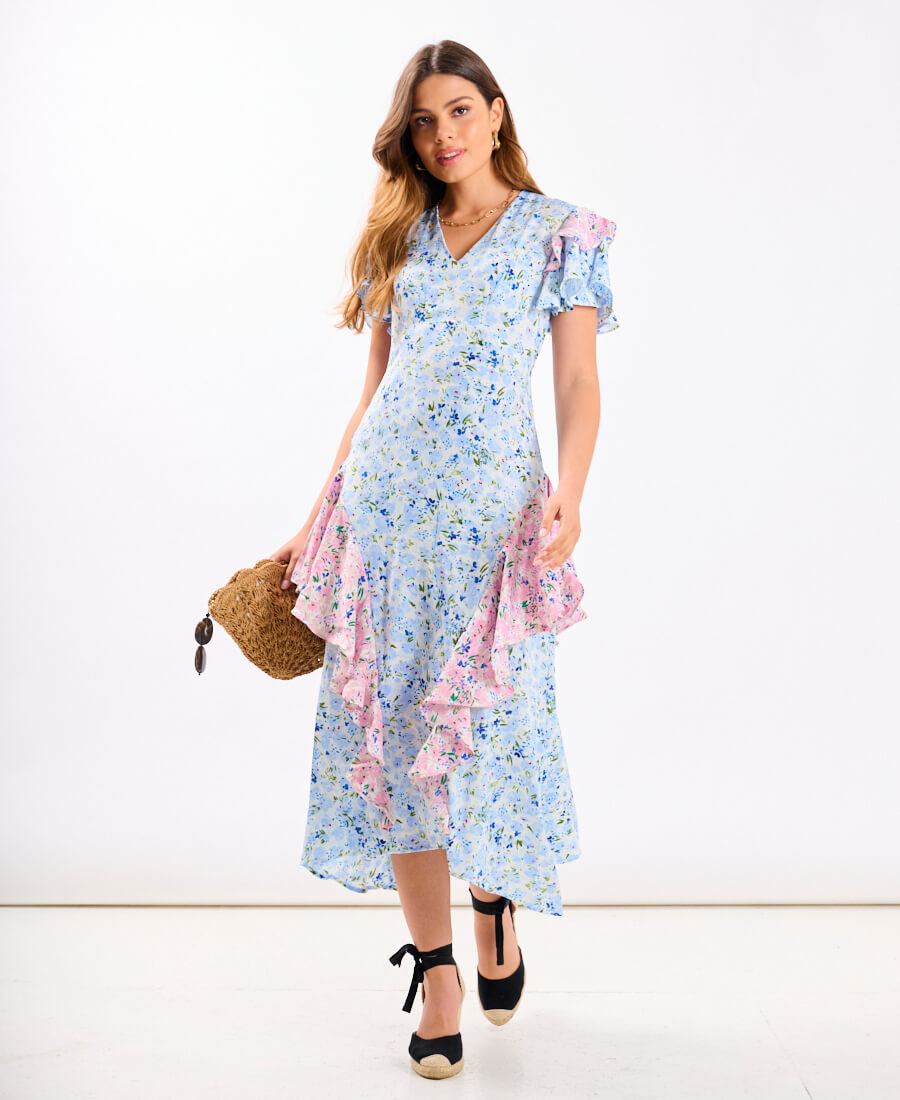 Blue Ditsy Floral Ruffle Mix and Match Midi Dress
