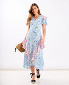 Blue Ditsy Floral Ruffle Mix and Match Midi Dress