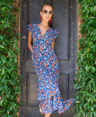 Blue floral ruffle midi dress with short sleeves