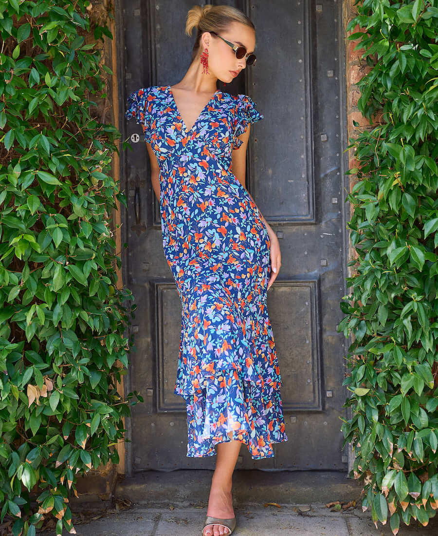 Floral Midi Dress Blue White And Red Dress Spring Wedding Guest Dresses The  Stripe