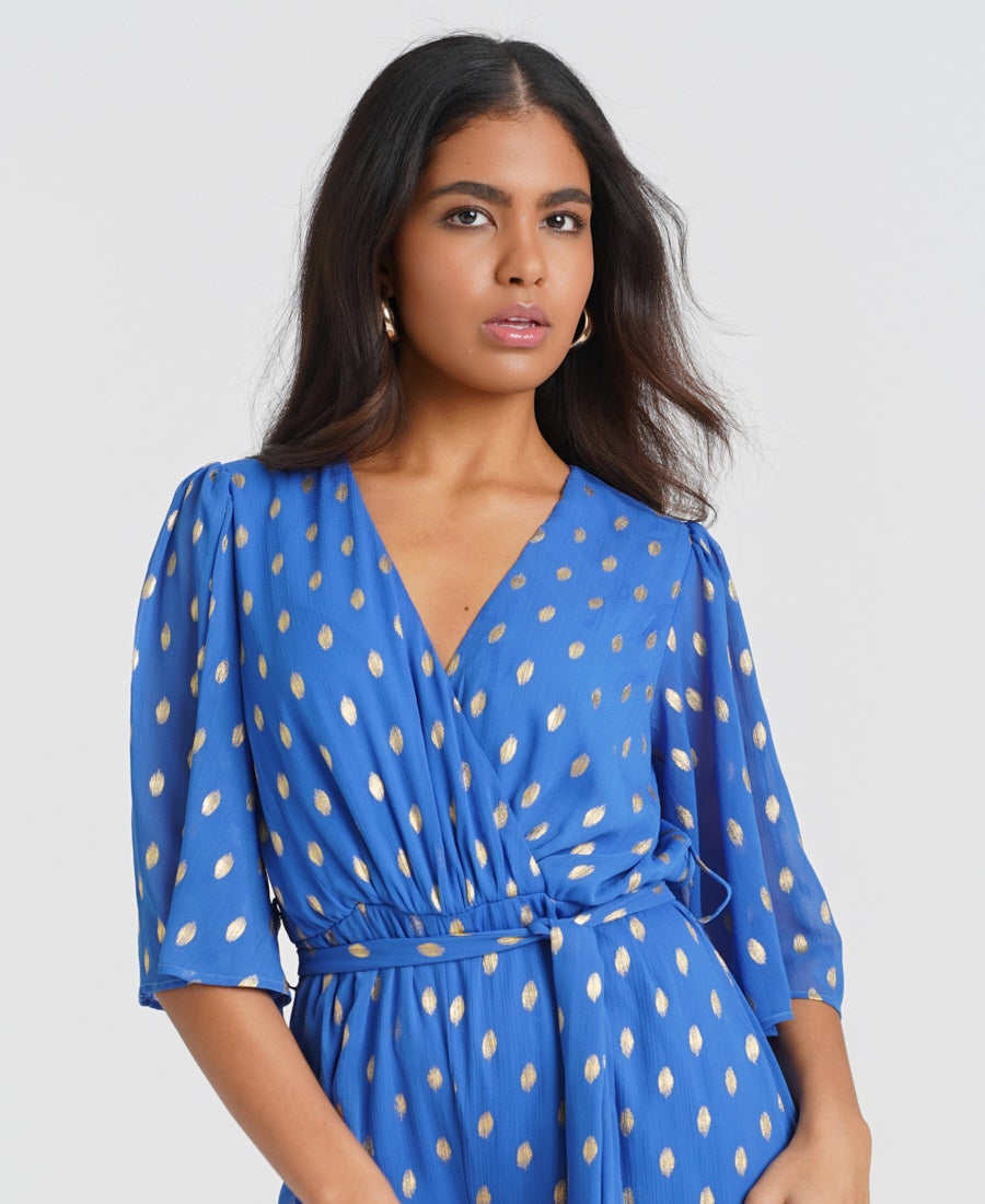 Blue Foil Culotte Jumpsuit with tie