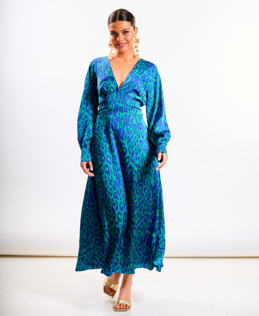 Blue Green Animal Dress Blue Leopard Printed Plunge Midaxi Dress Needs No Label Blue Green Animal Dress Blue Leopard Printed Plunge Midaxi Dress Needs No Label