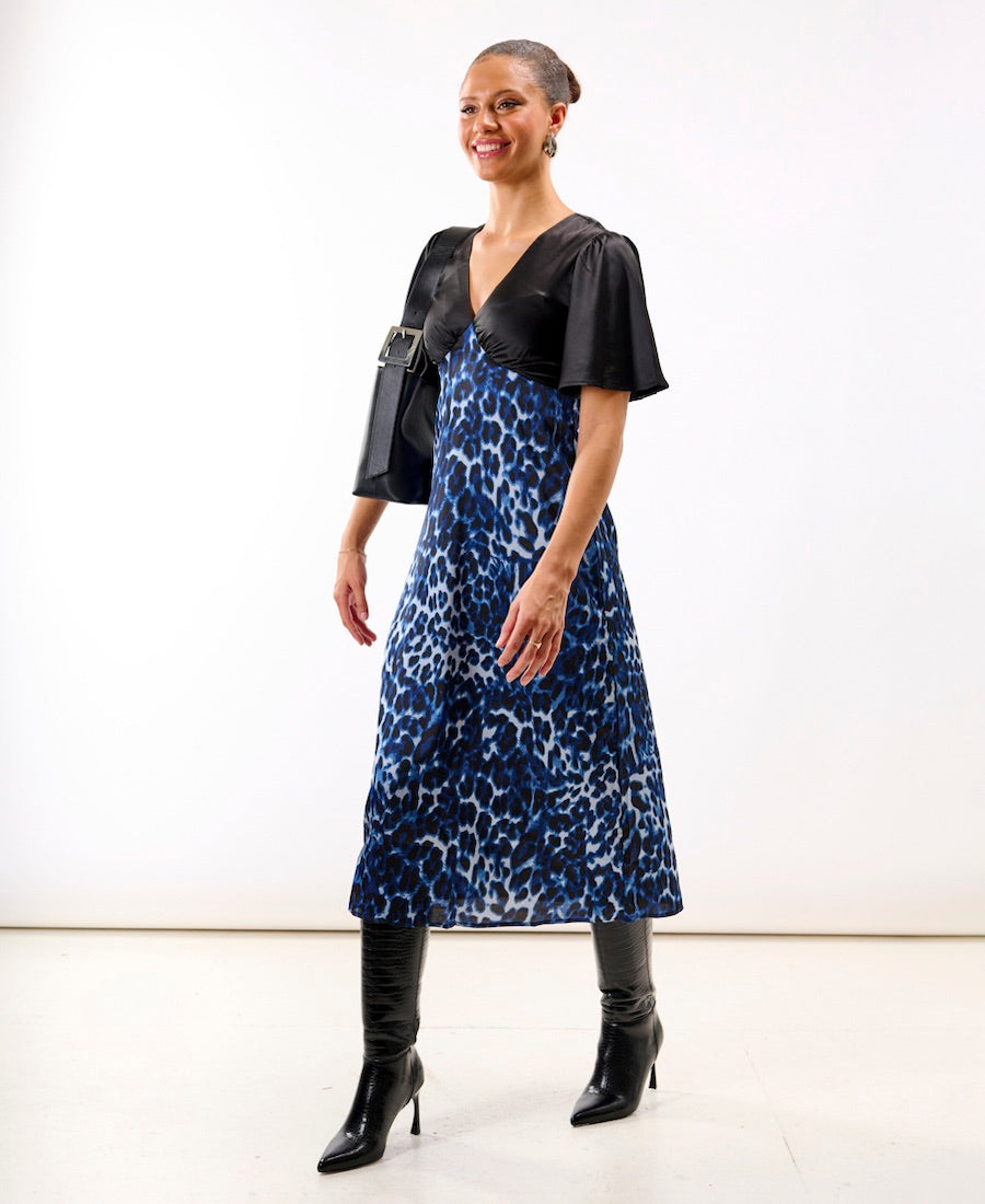 Blue Leopard Printed Satin Midi Dress