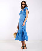 Blue Leopard Ruched Midi Dress