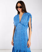 Blue Leopard Ruched Midi Dress