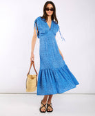 Blue Leopard Print Ruched Midi Dress