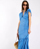 Blue Leopard Print Ruched Midi Dress