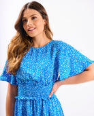 Blue Shirred Waist Mini Dress