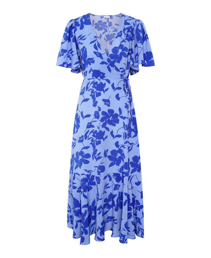 Blue floral midi wrap dress