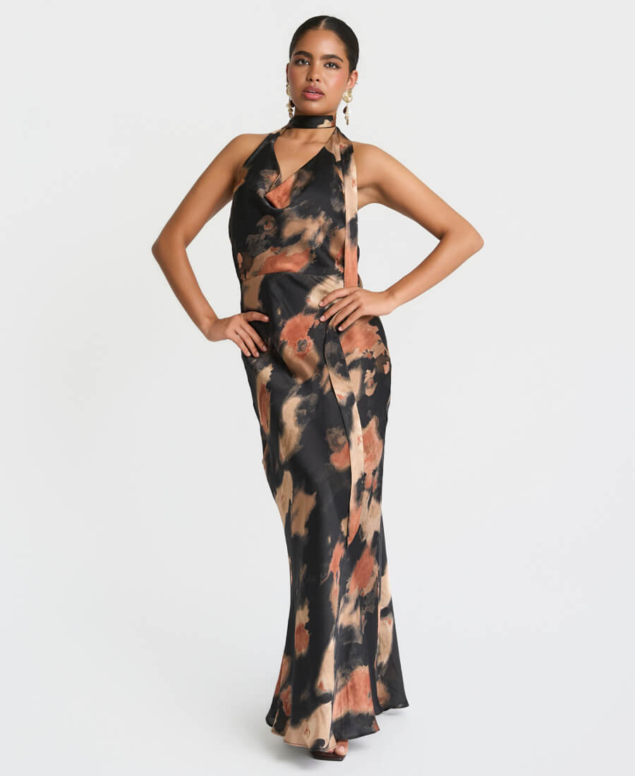 Marble Tie Neck Maxi Dress