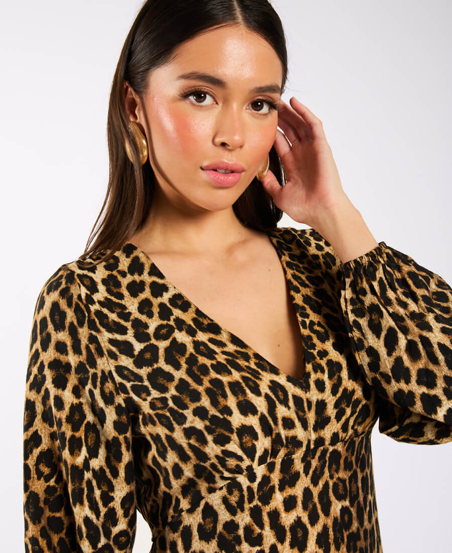 Brown Animal Printed Long Sleeve Midi Dress details