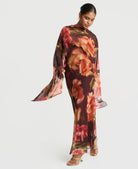 Brown floral cape dress - front