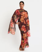 Brown floral chiffon maxi dress with cape - side view