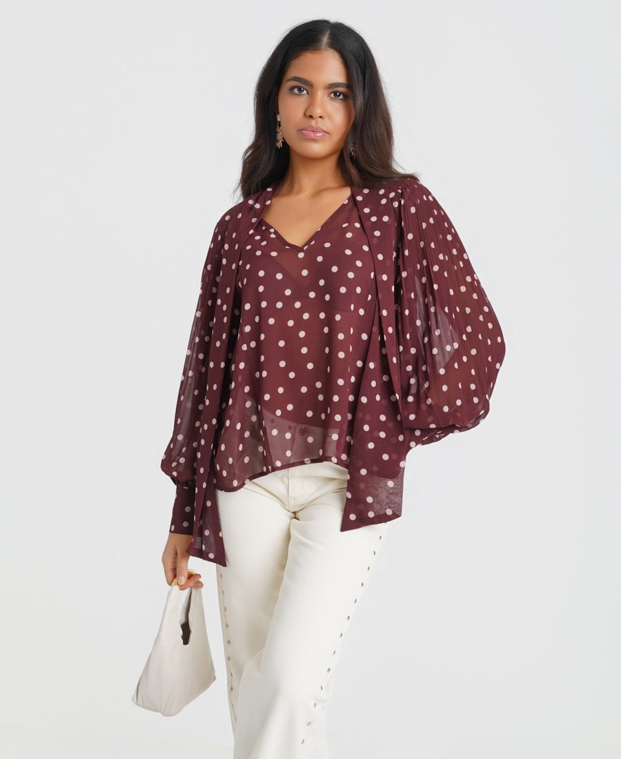 Burgundy Dot Tie Neck Blouse