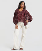 Burgundy Polka Dots Tie Neck Blouse