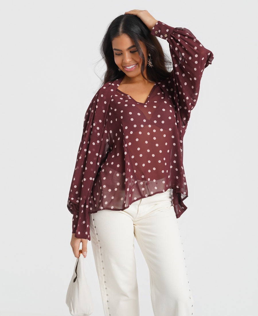 Burgundy Polka Dots Tie Neck Blouse