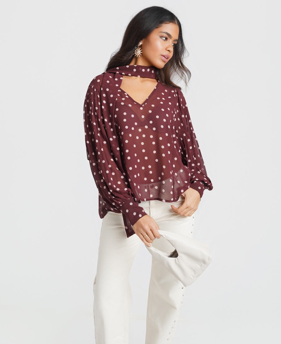 Burgundy Tie Neck Polka Dot Blouse