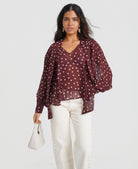 Burgundy Spot Tie Neck Blouse
