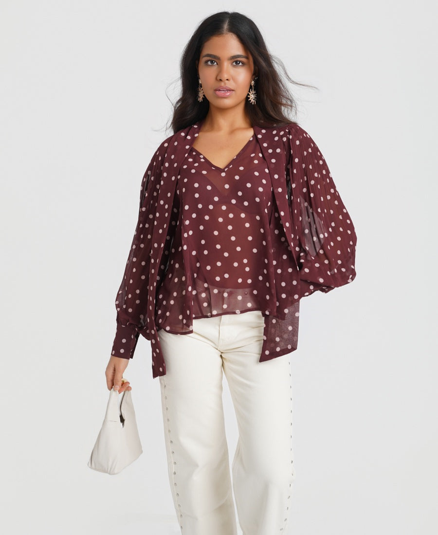 Burgundy Spot Tie Neck Blouse