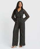Black and gold foil wrap jumpsuit with long sleeves