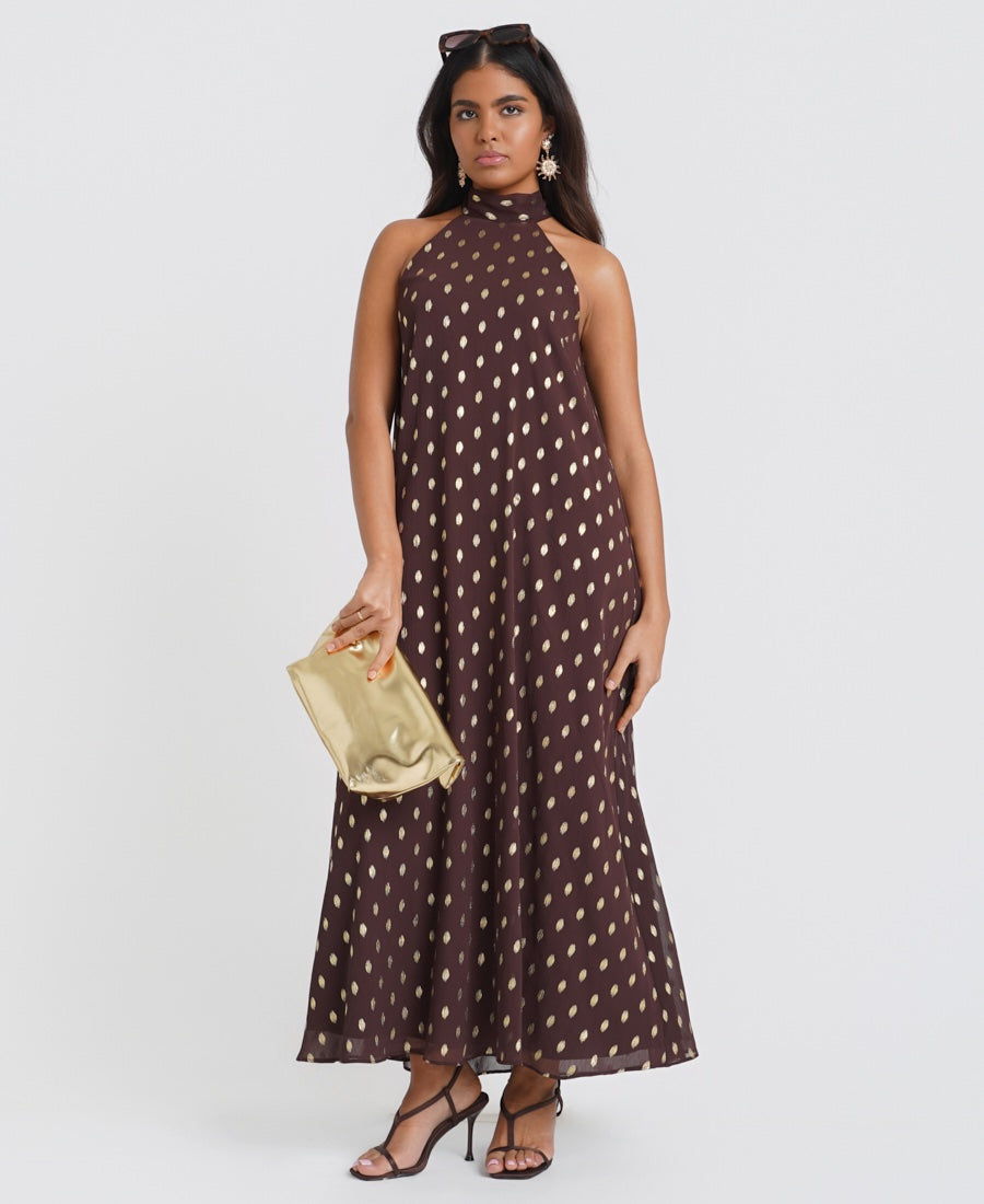 Chocolate Foil Halter Maxi Dress
