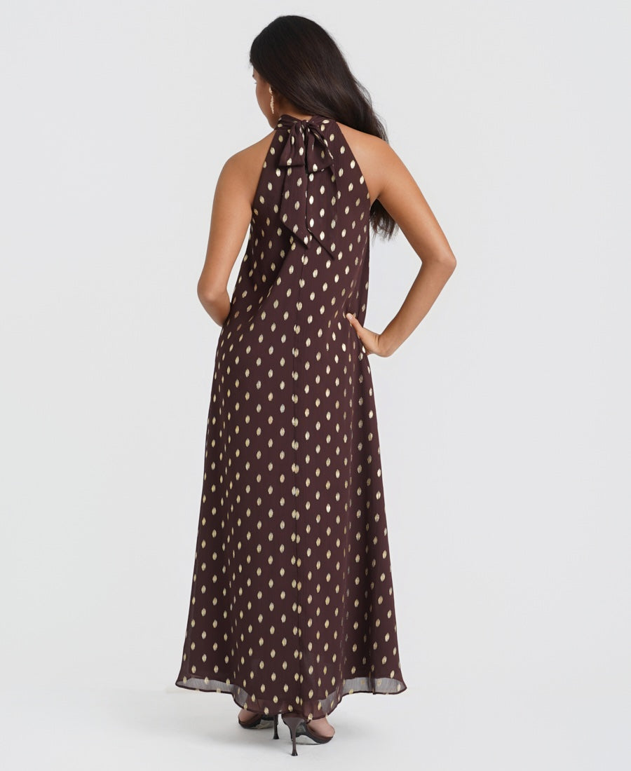 Chocolate Foil Halter Maxi Dress back