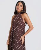 Chocolate Foil Halter Tie Maxi Dress
